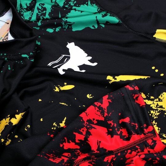 Rasta Mesh Sports T-Shirt - Black with Rasta Stripes and Lion of Judah