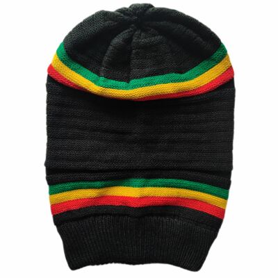 Beanie dread hat in  black color with Rasta stripes